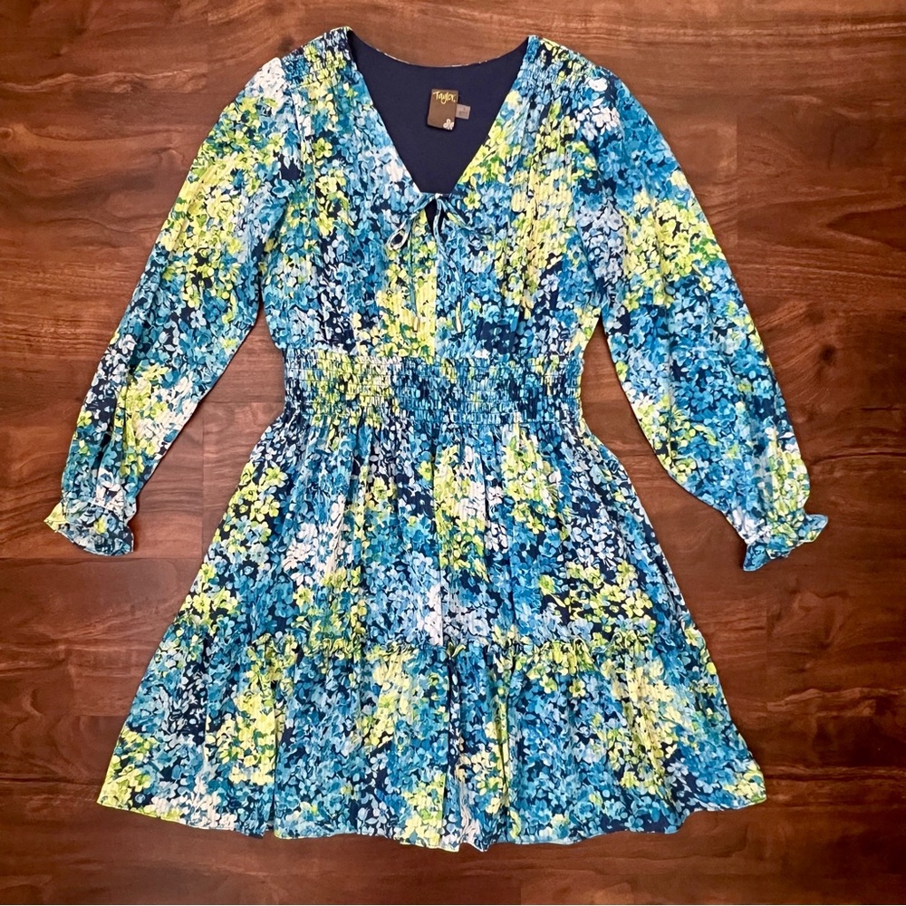 Taylor Blue Yellow V-Neck Floral Long Sleeve Midi Dress Lined Elastic Waist Sz 8